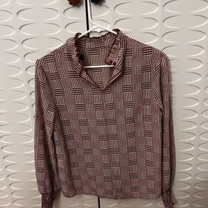 Forever 21 Burgundy & Cream  Checkered Long Sleeved Blouse w/ Ruffles, Small